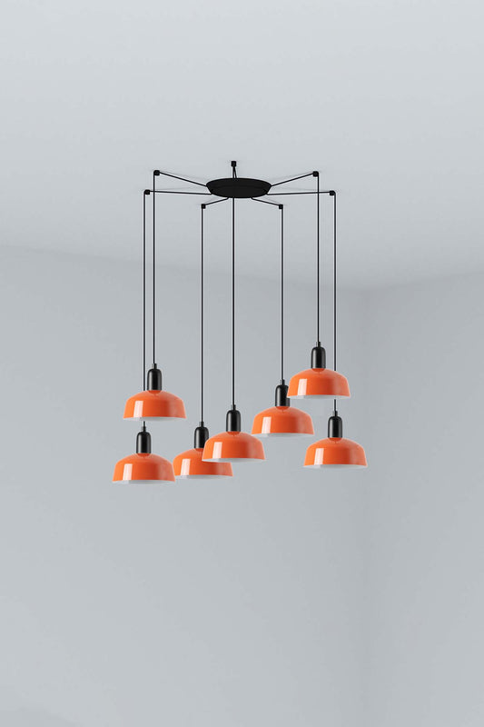 Lámpara colgante Tatawin S de metal en naranja rojizo, 7 luces E27 LED, diseño clásico FARO para iluminación focal interior en acero.