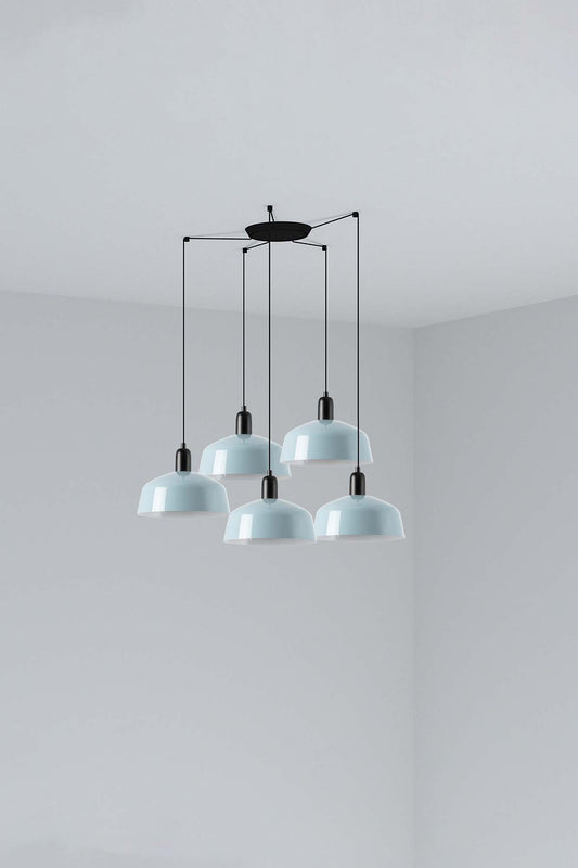 Lámpara colgante TATAWIN M de FARO en metal acero azul grisáceo, 5 luces E27 LED, diseño clásico de suspensión para iluminación focal interior en techo