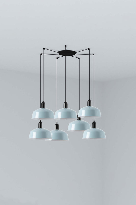 Lámpara colgante TATAWIN M metal 7L azul grisáceo FARO 20340-147-7L, diseño clásico de acero para iluminación focal interior, compatible E27 LED, ideal para hogar y oficina