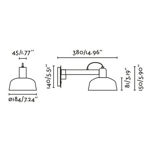 Diagrama de medidas de la lámpara aplique TATAWIN blanco FARO modelo 20342-140: altura 14 cm, ancho 20 cm, profundidad en acero blanco negro, diseño clásico para iluminación pared interior y luminaria superficie focal