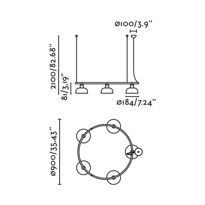 Medidas detalladas de la lámpara colgante TATAWIN S Metal 5L Circular negro de FARO (20343-141-5L), diseño clásico de acero para iluminación focal interior en salón comedor con LED E27.