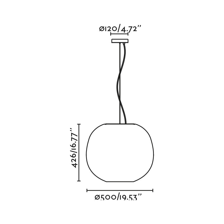 Diagrama de medidas de la lámpara colgante TIERRA 500 de FARO modelo 20401 en negro y beige, suspensión interior ecológica con iluminación LED, fabricada en PLA y celulosa, dimensiones detalladas para instalación
