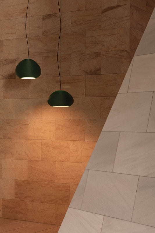 Luminaria colgante verde MAR H340 de FARO en ambiente interior moderno, diseño sostenible reciclado y LED compatible para iluminación hogar