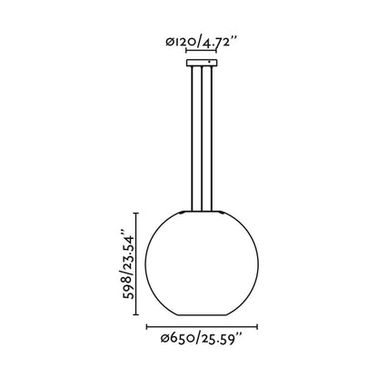 Diagrama de medidas y dimensiones de la luminaria colgante AIRE 650 en blanco de FARO modelo 20407, suspensión interior con PETG reciclado, acero y diseño 3D para iluminación sostenible