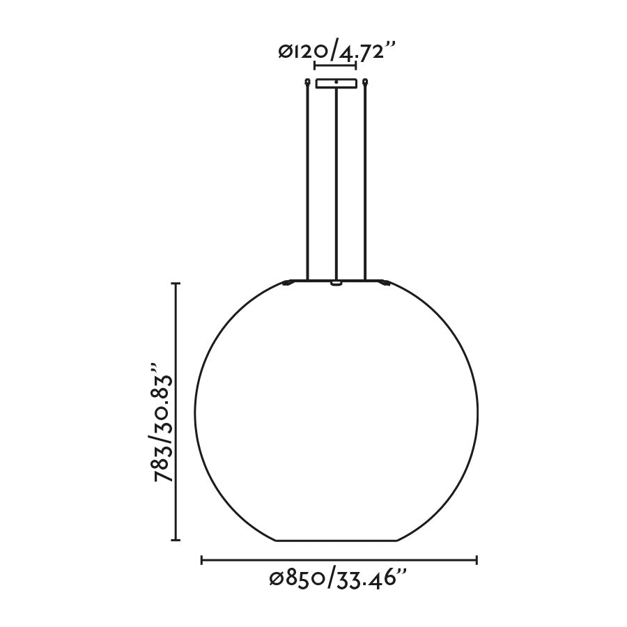 Diagrama de medidas y dimensiones de la lámpara colgante AIRE 850 blanco translúcido FARO 20408, luminaria de suspensión interior en PETG reciclado con diseño sostenible, iluminación moderna en acero blanco compatible con LED E27