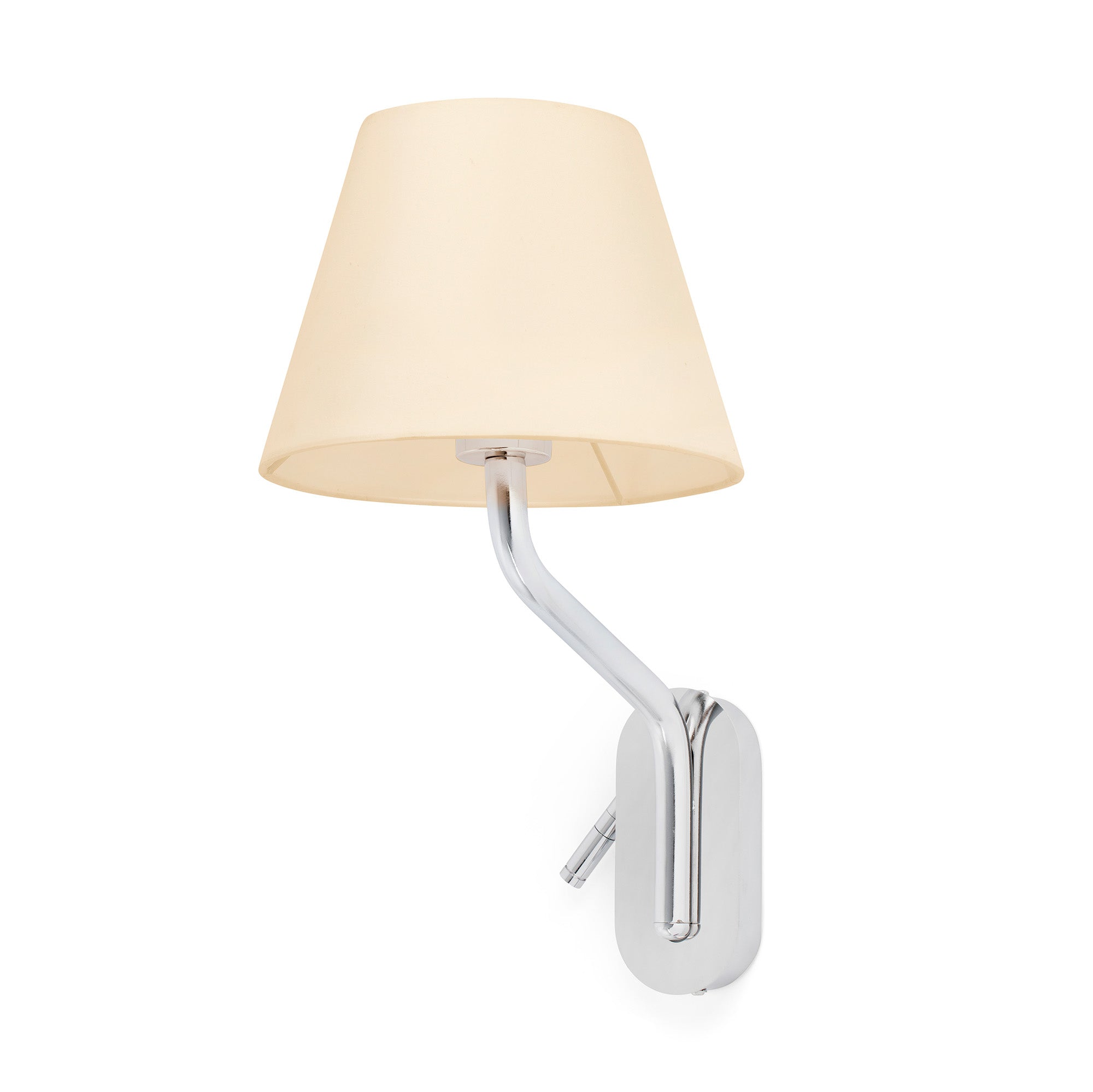 Aplique de pared ETERNA de FARO con lector integrado derecho en cromo y beige textil, modelo 24006-11 para iluminación interior de hoteles.