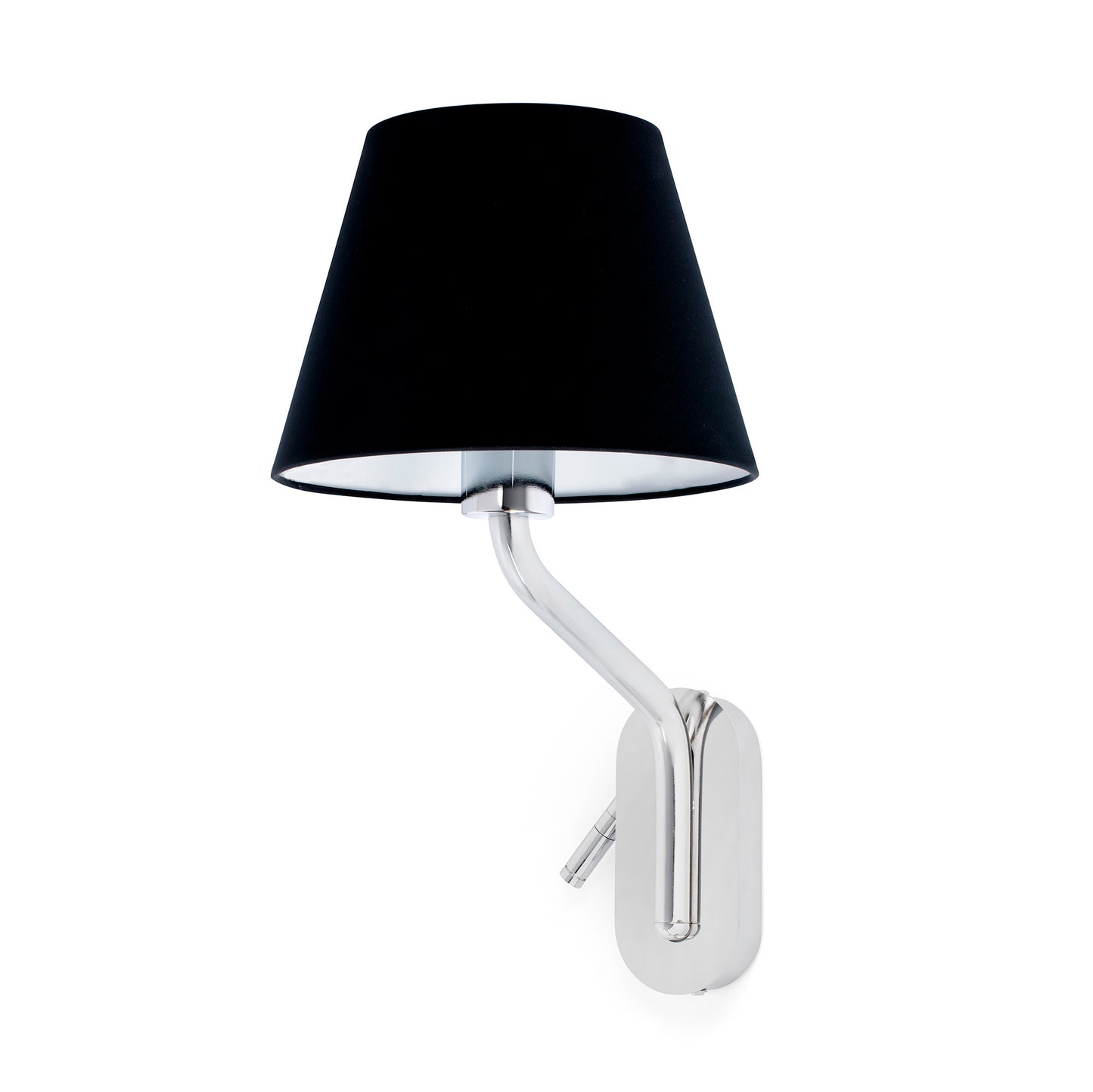 Aplique de pared ETERNA con lector derecho en cromo y negro, modelo 24006-12 de FARO, luminaria interior de superficie en acero y textil para hoteles y restauración