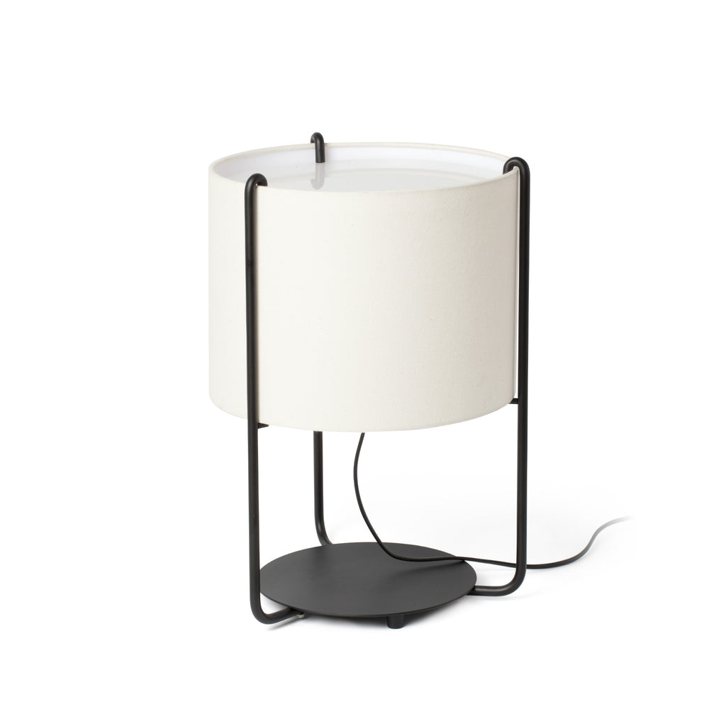 Luminaria de sobremesa DRUM negra y beige FARO modelo 24020-31, diseño contemporáneo en acero y textil para iluminación interior LED E27