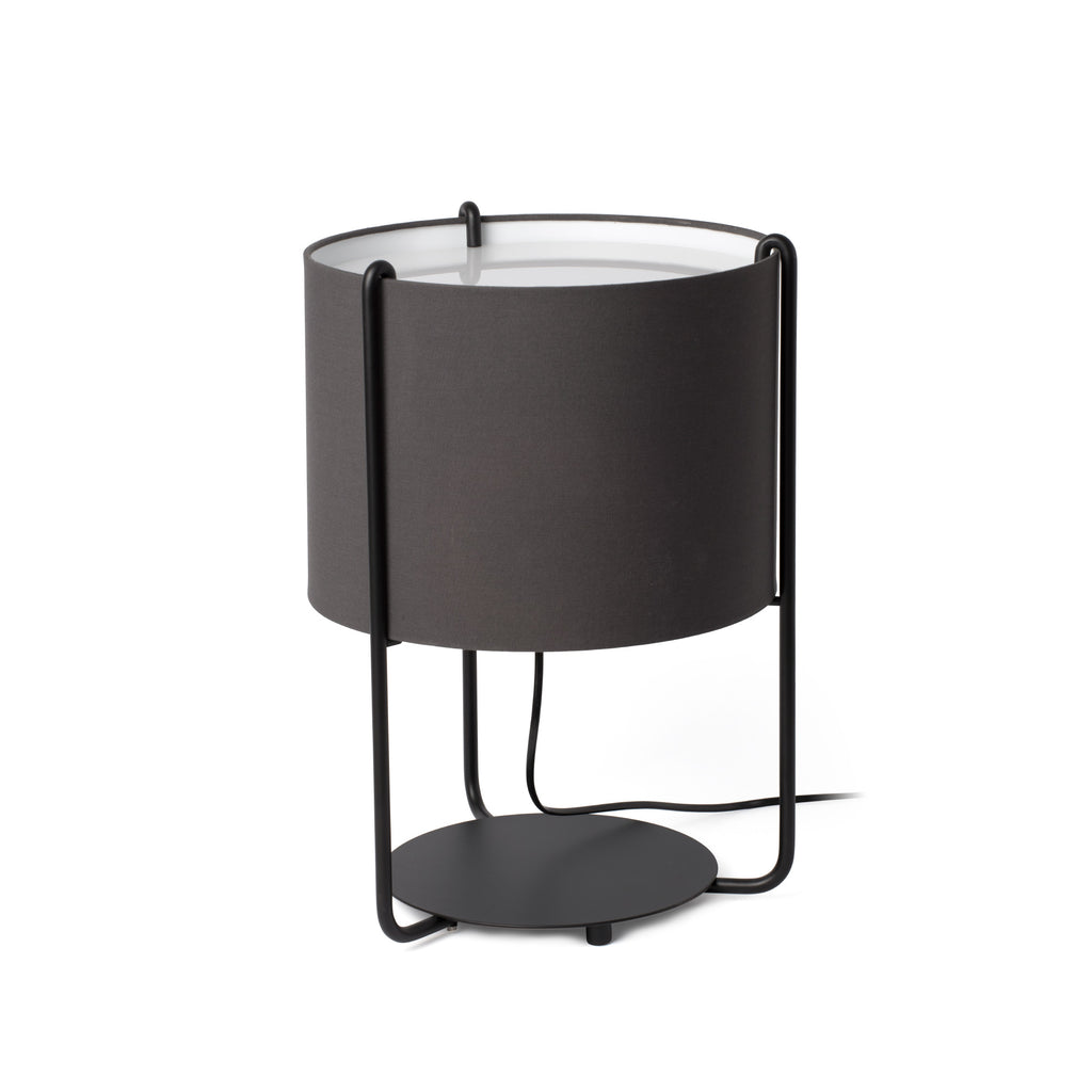 Lámpara de sobremesa DRUM negra y gris de FARO (modelo 24020-32), diseño contemporáneo para hogar moderno con base de acero, pantalla textil y bombilla LED E27 para iluminación interior.