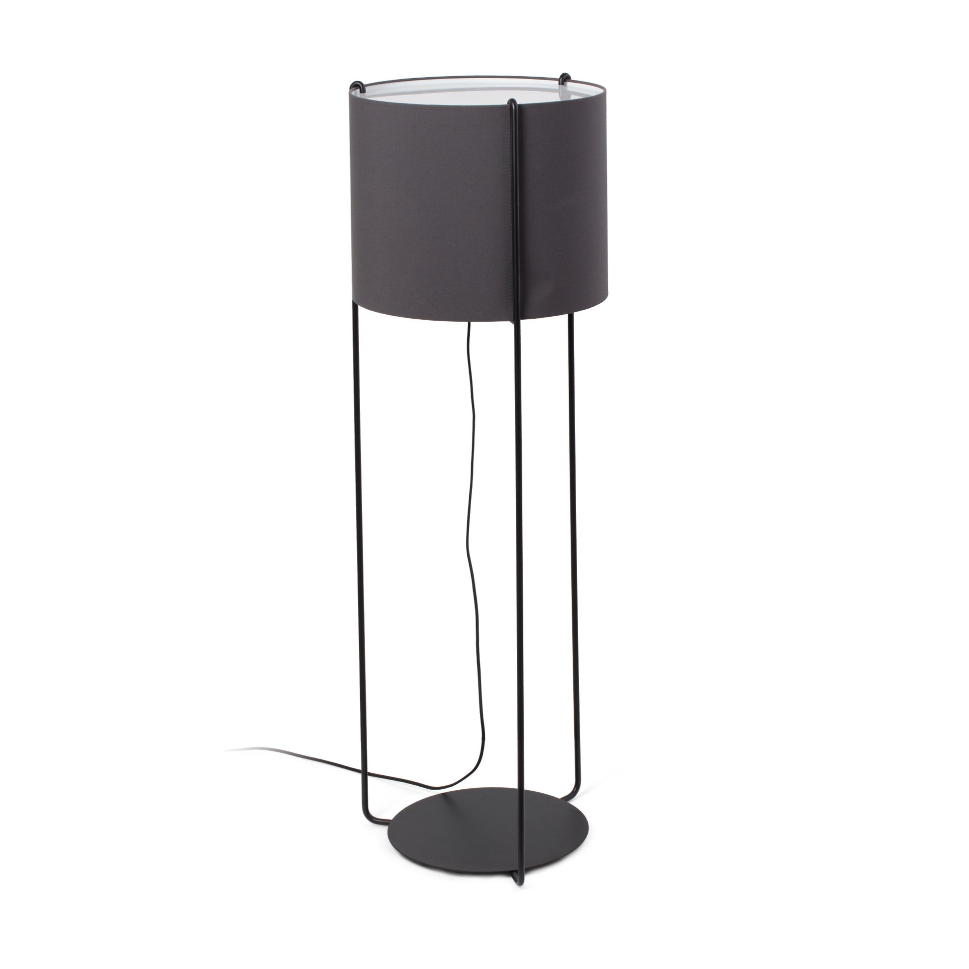 Lámpara de pie DRUM negra y gris de FARO, modelo 24023-34-US, diseño contemporáneo atemporal en acero y textil para iluminación interior.