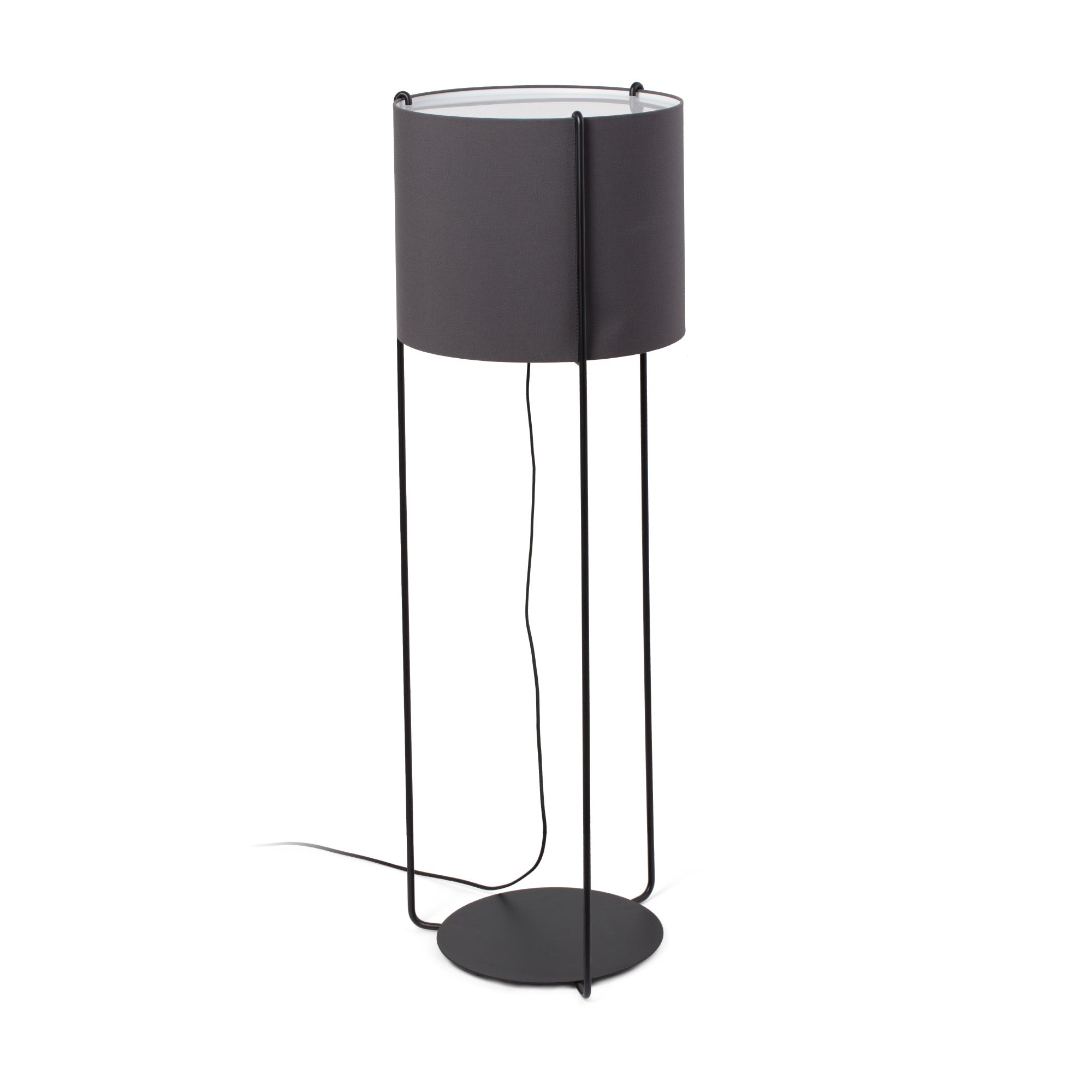 Lámpara de pie DRUM negra y gris de FARO, modelo 24023-34-US, diseño contemporáneo atemporal en acero y textil para iluminación interior.