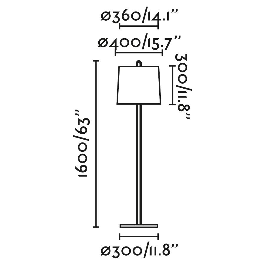 Diagrama de dimensiones de la lámpara de pie MONTREAL en cromo y beige de FARO, modelo 24037-08, diseño moderno para iluminación interior residencial, oficinas y hospitality