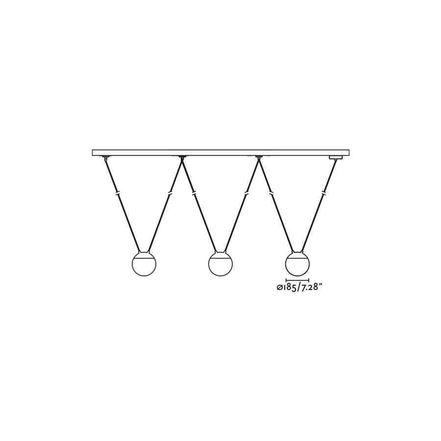 Medidas técnicas de la lámpara colgante MINE PC SPACE 3L blanco de FARO (ref. 28209-3L), diseño moderno en aluminio opal para iluminación residencial interior, suspensión Nahtrang con dimensiones de altura, ancho y diámetro en mm