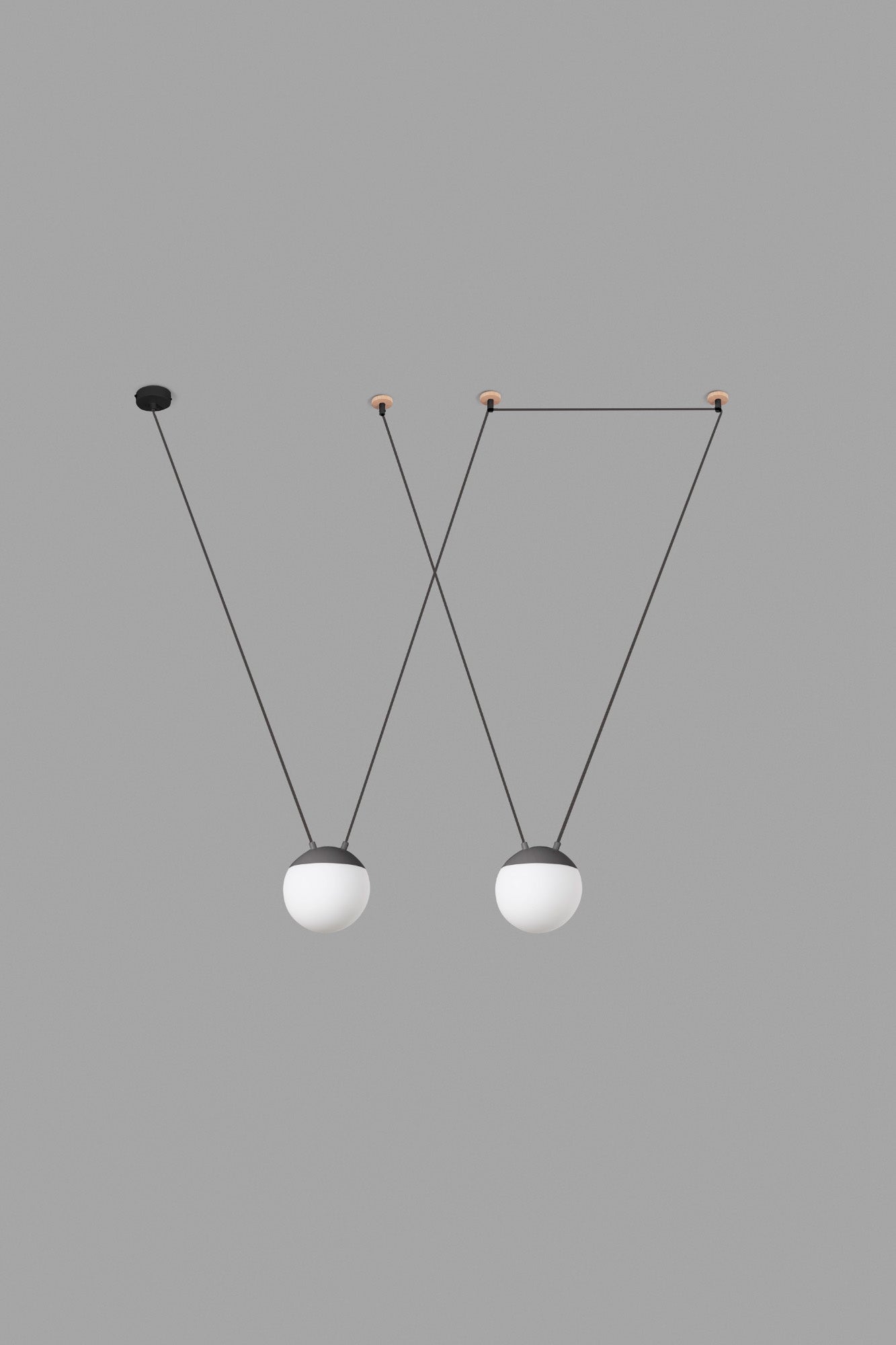 Lámpara colgante MINE SPACE 2L gris de FARO en ambiente interior residencial, diseño Nahtrang en aluminio y cristal opal para suspensión y restauración