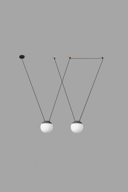 Lámpara colgante MINE SPACE 2L gris de FARO en ambiente interior residencial, diseño Nahtrang en aluminio y cristal opal para suspensión y restauración