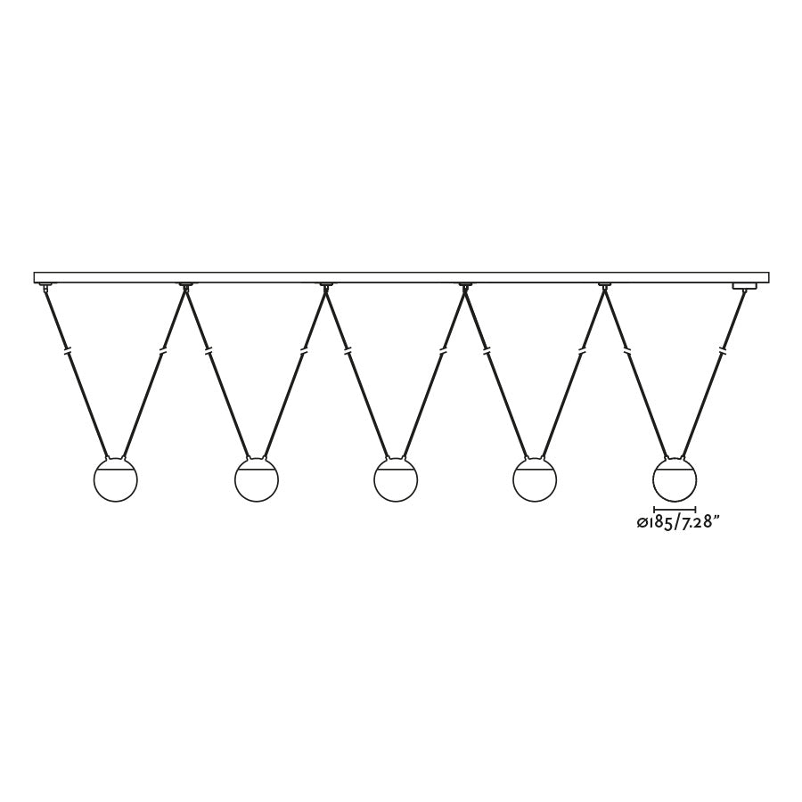 Diagrama de medidas de la lámpara colgante MINE SPACE 5L en gris oscuro de FARO (modelo 28376-5L), fabricada en aluminio con cristal opal para iluminación LED interior residencial y comercial.