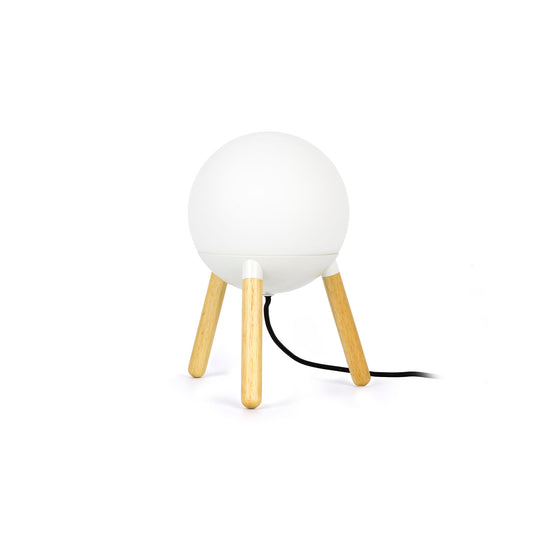 Lámpara de sobremesa Mine Glass blanca de FARO, diseño minimalista con cristal opal y base de madera haya, iluminación interior E27 LED Nahtrang