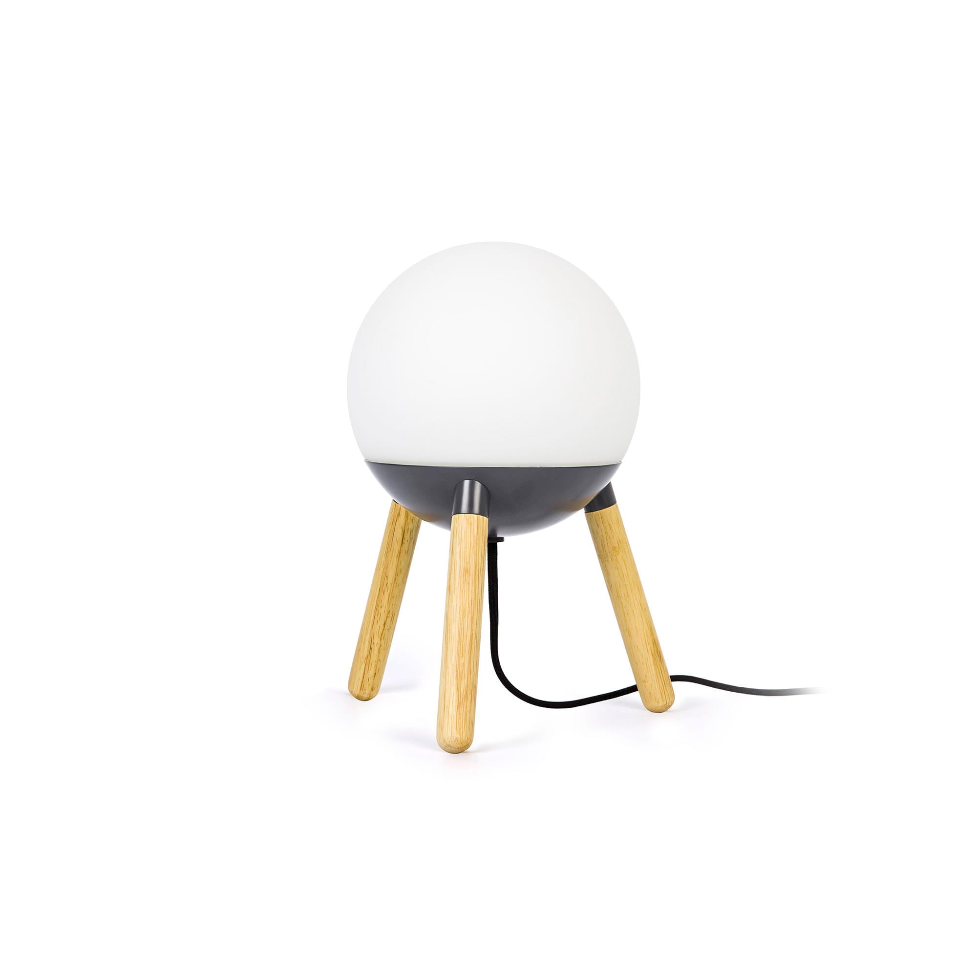 Lámpara de sobremesa MINE GLASS en gris oscuro de Faro, con base de madera de haya y difusor de cristal opal, iluminación LED para interior acogedor, diseño Nahrang moderno.