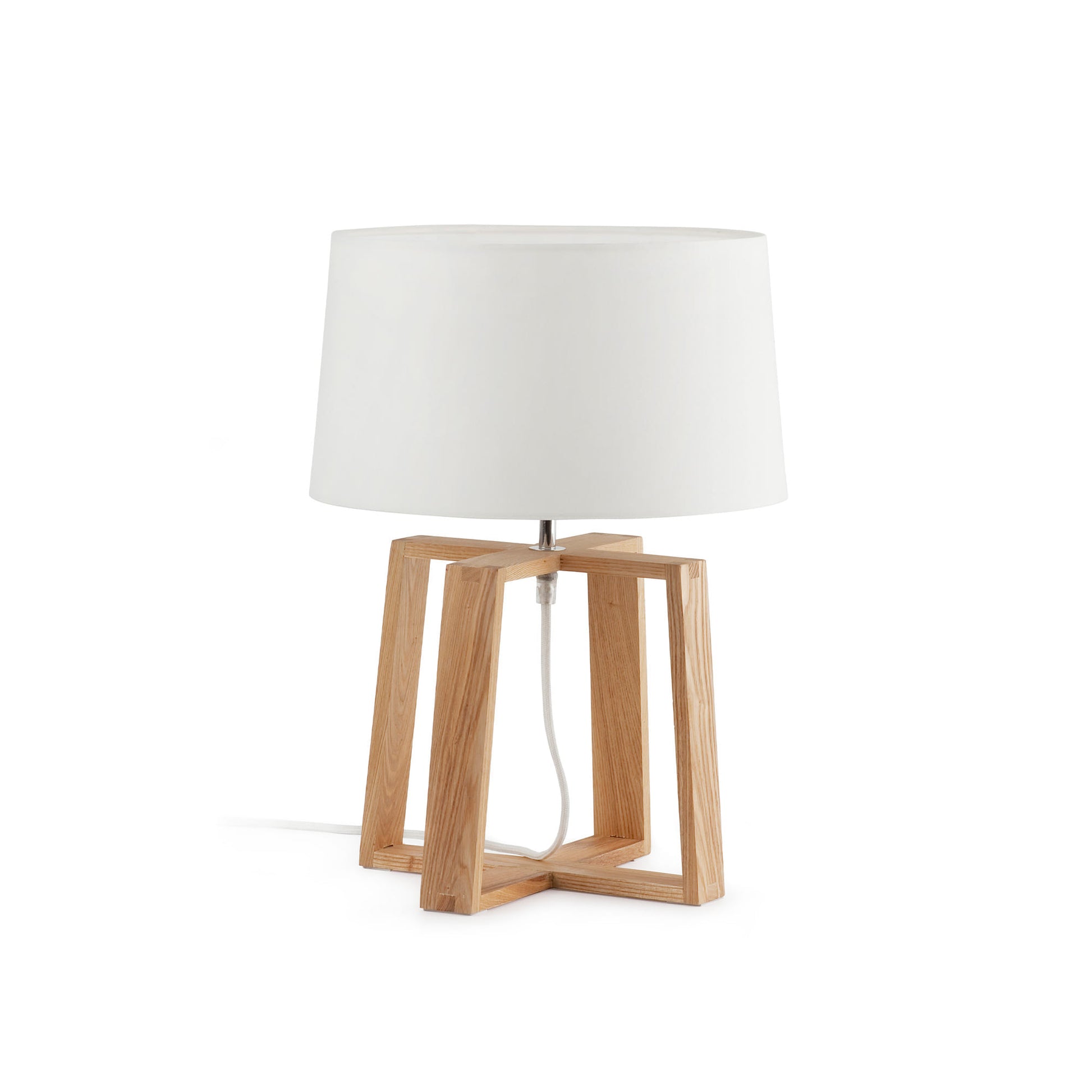 Lámpara de sobremesa Bliss en blanco de Faro, diseño contemporáneo con base de madera y pantalla textil, iluminación LED para interior - modelo 28401