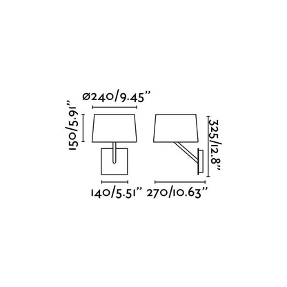 Medidas dimensionales de la lámpara de pared HANDY blanco FARO 28413, luminaria de superficie minimalista en acero y textil de Jordi Blasi para interior