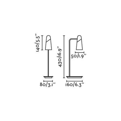 Medidas detalladas de la luminaria de mesa LAO en negro mate de FARO modelo 29047, diseño minimalista de aluminio con LED integrada para interior y sobremesa