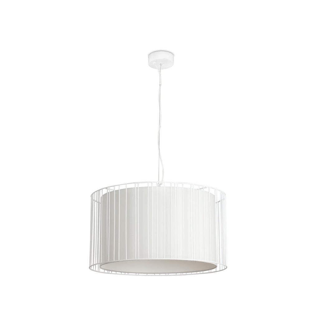 Lámpara colgante LINDA en blanco de FARO modelo 29309, diseño contemporáneo de Estudi Ribaudí con estructura de acero y difusor textil para iluminación interior en el hogar.