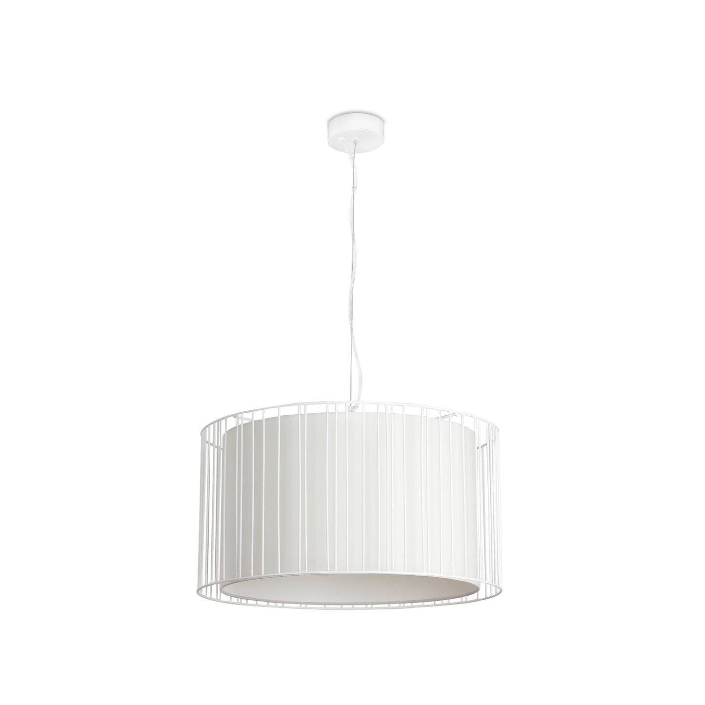 Lámpara colgante LINDA en blanco de FARO modelo 29309, diseño contemporáneo de Estudi Ribaudí con estructura de acero y difusor textil para iluminación interior en el hogar.