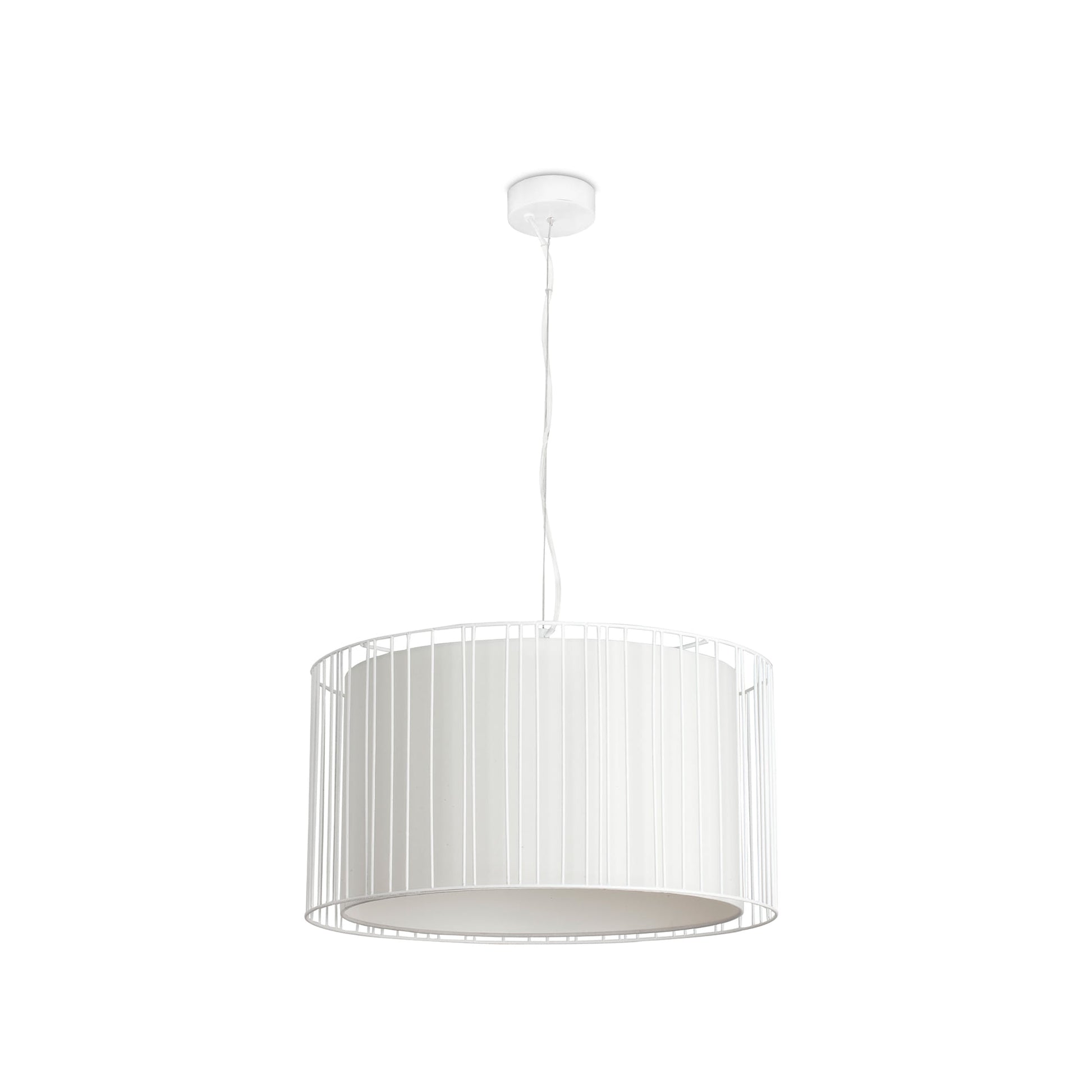 Lámpara colgante LINDA en blanco de FARO modelo 29309, diseño contemporáneo de Estudi Ribaudí con estructura de acero y difusor textil para iluminación interior en el hogar.
