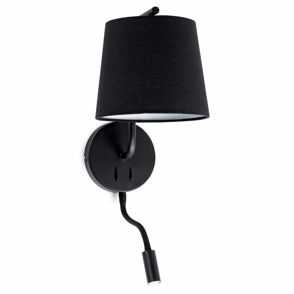 Aplique de pared Berni negro con lector LED Faro 29330, luminaria superficie interior en acero y textil, diseño NahTrang para lectura
