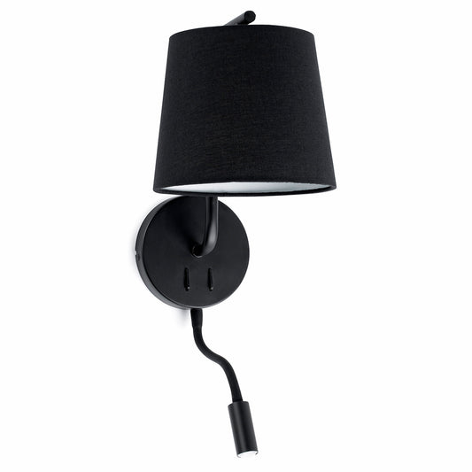 Aplique de pared Berni negro con lector LED Faro 29330, luminaria superficie interior en acero y textil, diseño NahTrang para lectura