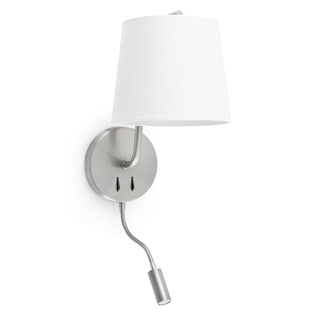 Aplique de pared BERNI en níquel satinado de FARO, modelo 29331, luminaria LED minimalista para interior con acero y textil.