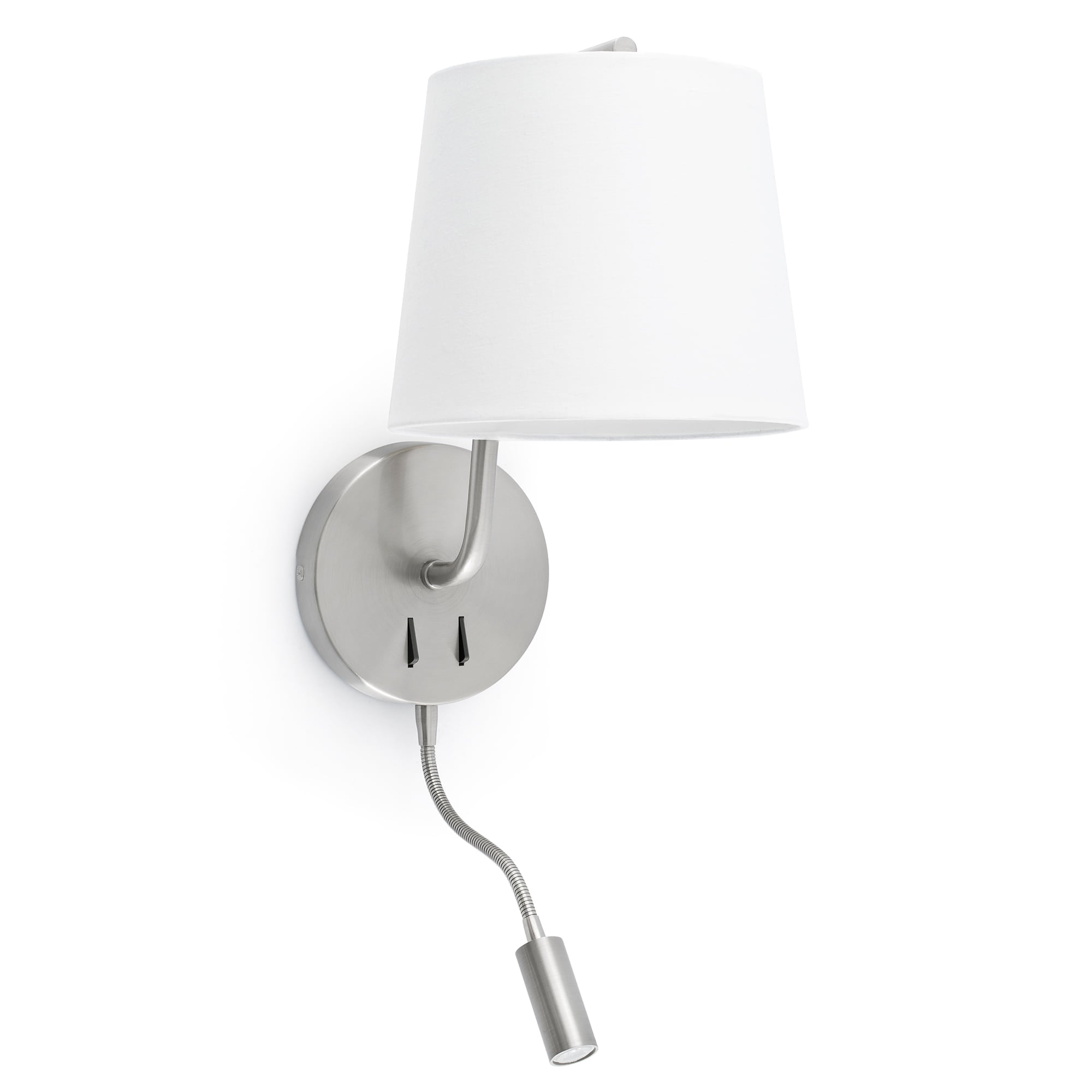 Aplique de pared BERNI en níquel satinado de FARO, modelo 29331, luminaria LED minimalista para interior con acero y textil.