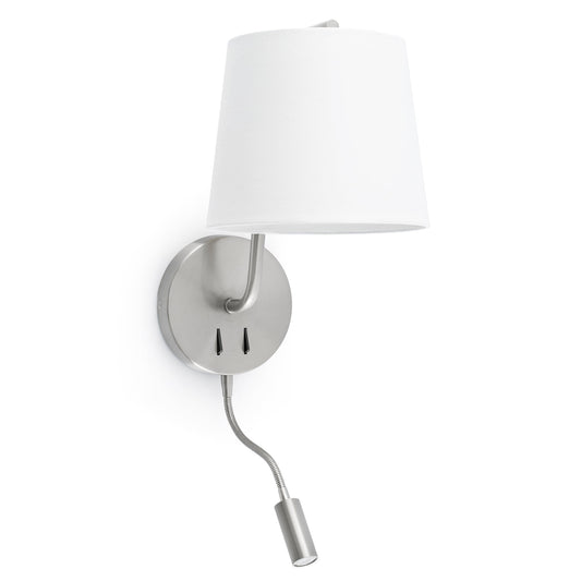Aplique de pared BERNI en níquel satinado de FARO, modelo 29331, luminaria LED minimalista para interior con acero y textil.