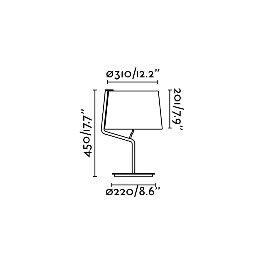 Diagrama de medidas de la lámpara de sobremesa BERNI en negro de FARO modelo 29333, diseño minimalista en acero y textil para interior.