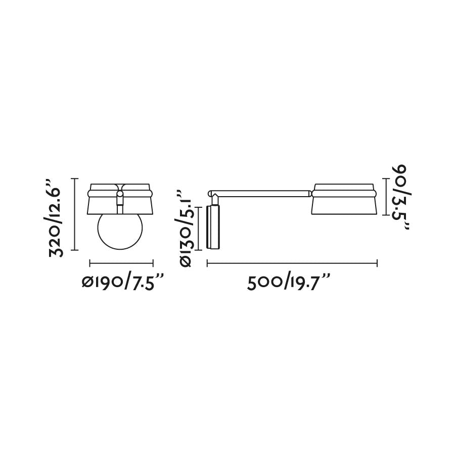 Imagen de medidas y dimensiones del Aplique LED LOOP Fresno Brazo Articulado FARO 29396, luminaria de pared interior en madera natural fresno, negro mate, regulable y superficie.