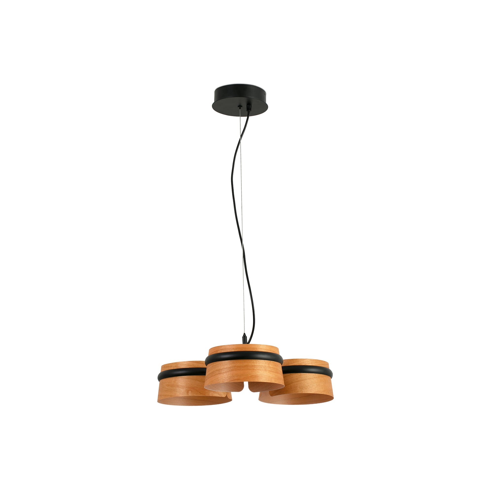 Luminaria de suspensión LOOP negra de FARO modelo 29567, diseño contemporáneo de madera LED para iluminación cálida interior en hogar