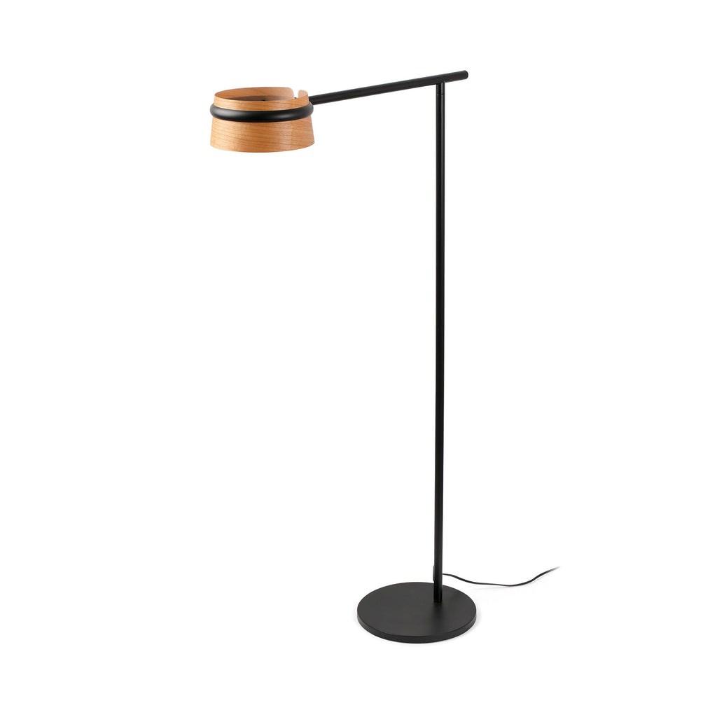 Lámpara de pie LOOP negra de FARO (ref. 29569) con diseño contemporáneo, estructura en acero negro y madera de cerezo, iluminación ambiente LED regulable para interiores