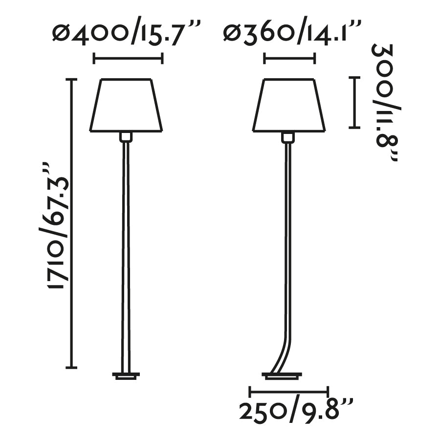 Diagrama de medidas de la lámpara de pie REM en oro viejo y blanco de FARO, modelo 29687-07, diseño atemporal para iluminación interior residencial y hotelera