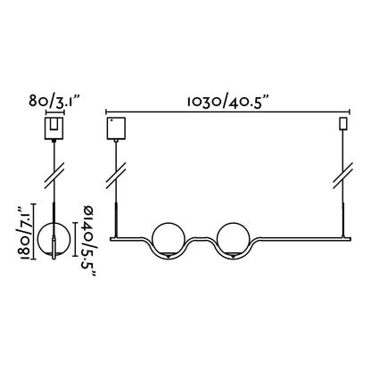 Medidas detalladas de la luminaria colgante LE VITA Oro FARO 29691-110 - Dimensiones de suspensión LED interior en cristal, acero y oro brillo para iluminación hogar