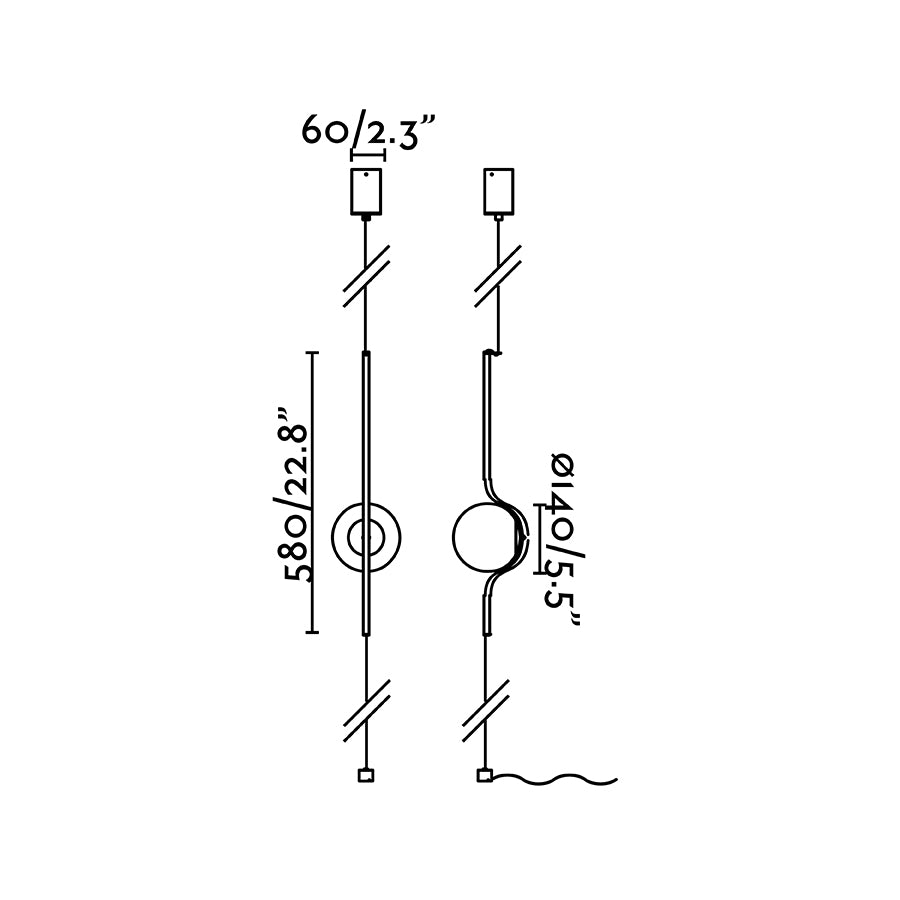 Diagrama de medidas y dimensiones de la lámpara colgante LE VITA negra de FARO, diseño Nahtrang en acero para iluminación LED SMD en salón interior
