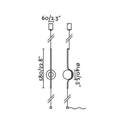 Diagrama de medidas y dimensiones de la lámpara colgante LE VITA negra de FARO, diseño Nahtrang en acero para iluminación LED SMD en salón interior