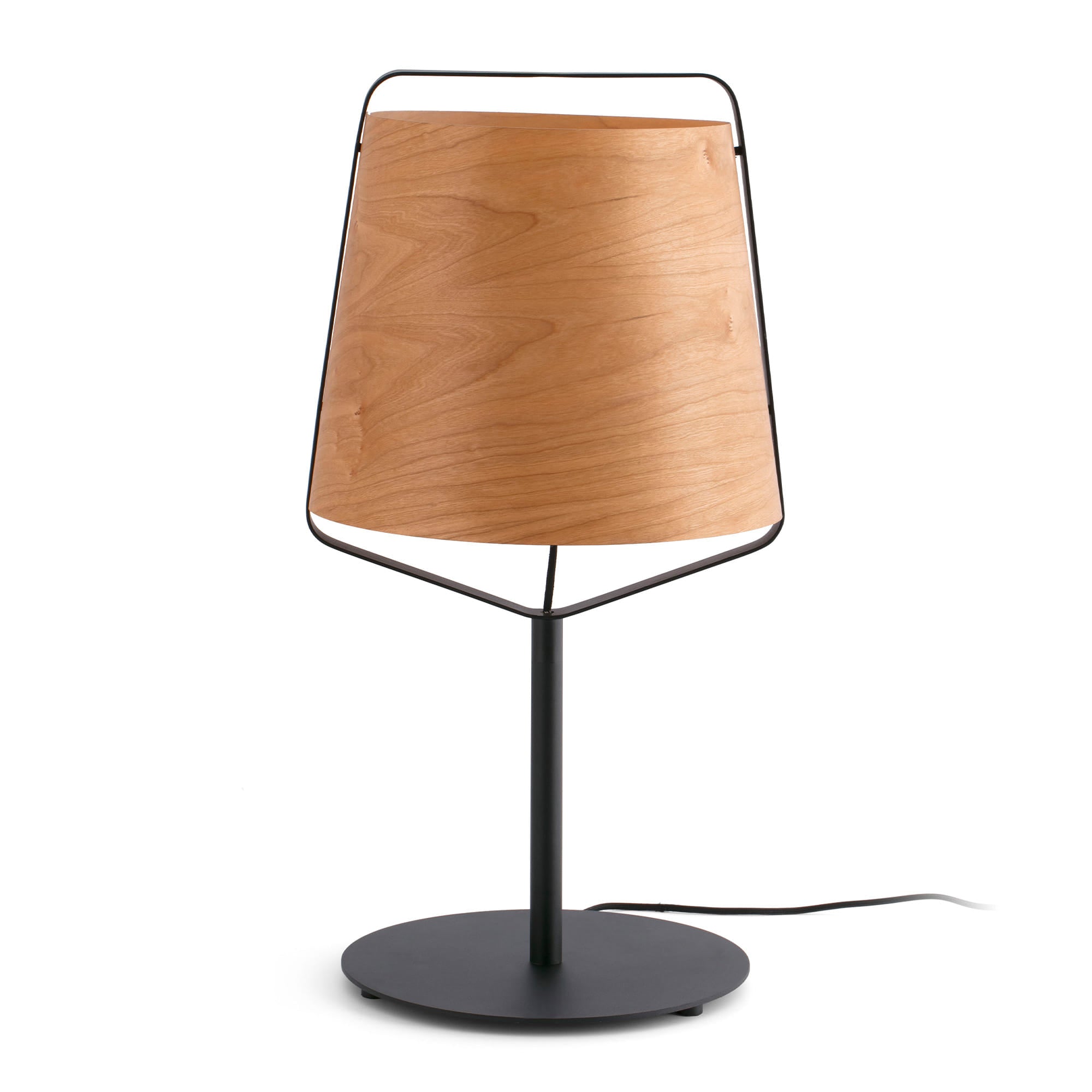 Lámpara de sobremesa Stood en negro y madera de cerezo por Faro, diseño moderno con base de acero y bombilla E27 LED para salón o dormitorio interior.