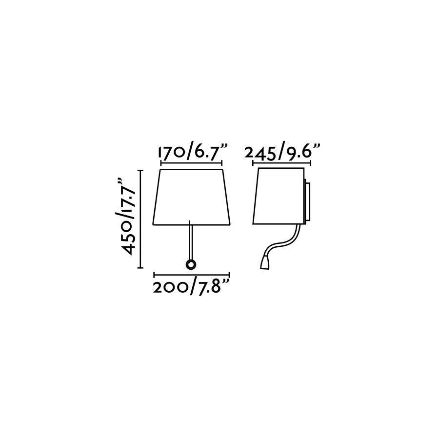 Medidas y dimensiones de la lámpara de pared SWEET negro con lector FARO 29951 para iluminación de lectura interior en diseño contemporáneo.