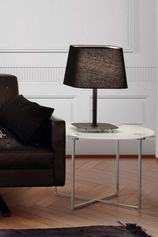 Lámpara de sobremesa Sweet en negro de FARO modelo 29955, diseño moderno en ambiente interior con base de acero y pantalla textil, luminaria de superficie para mesa, colección 1702