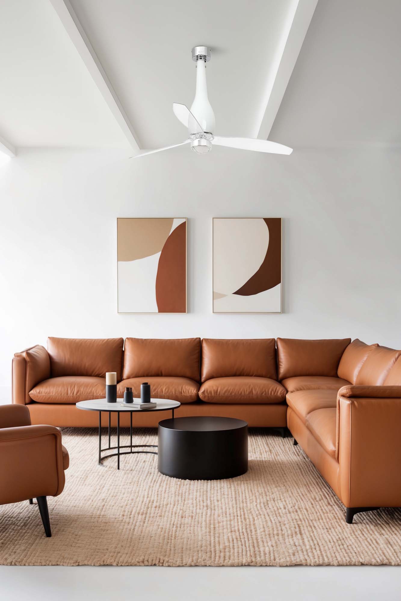 Ventilador de techo con luz LED Eterfan M Blanco Brillo FARO 32000WW-9 en ambiente moderno, aspas transparentes, motor DC reversible, ventilación eficiente y mando a distancia incluido