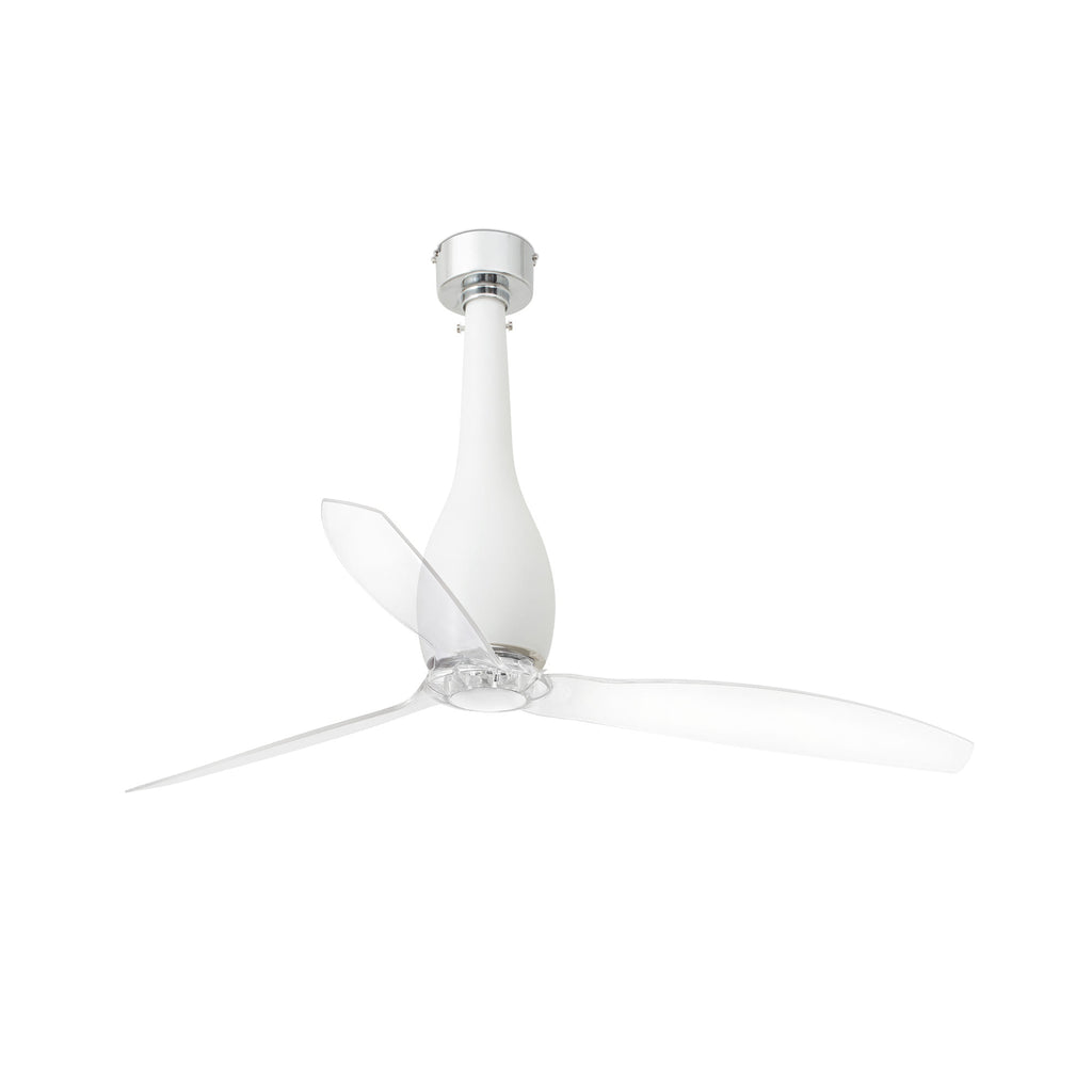 Ventilador de techo ETERFAN M blanco mate y aspas transparentes de FARO modelo 32001, diseño industrial moderno sin luz integrada, motor DC eficiente con mando a distancia y función inversa para ventilación óptima en interiores.