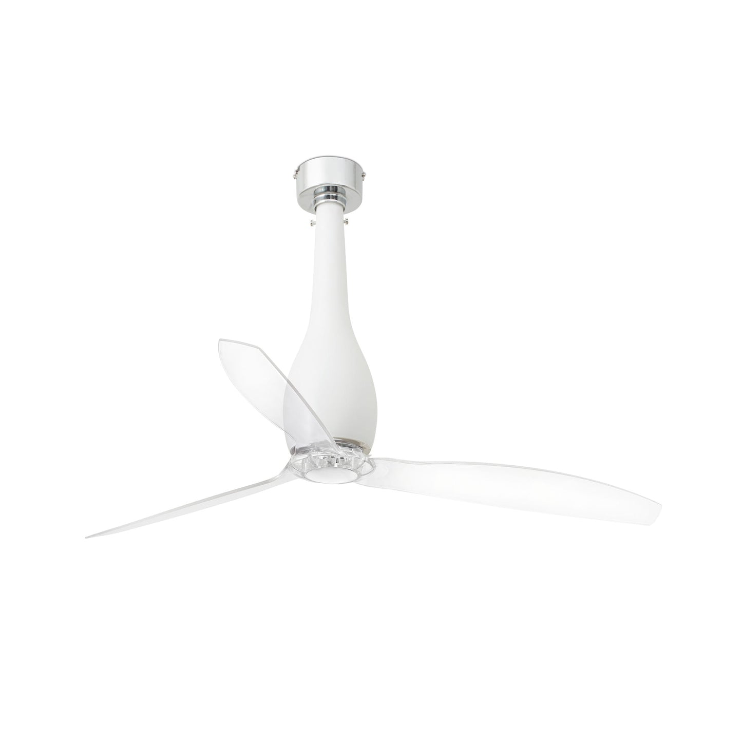 Ventilador de techo ETERFAN M blanco mate y aspas transparentes de FARO modelo 32001, diseño industrial moderno sin luz integrada, motor DC eficiente con mando a distancia y función inversa para ventilación óptima en interiores.