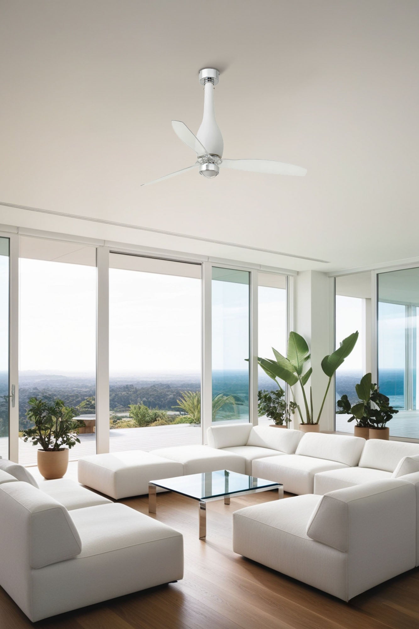 Ventilador con luz LED Eterfan M blanco mate en ambiente de hogar moderno, instalado en techo con ventilación eficiente, motor DC, mando a distancia y función inversa, modelo FARO 32001WW-9