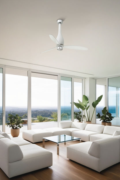 Ventilador con luz LED Eterfan M blanco mate en ambiente de hogar moderno, instalado en techo con ventilación eficiente, motor DC, mando a distancia y función inversa, modelo FARO 32001WW-9
