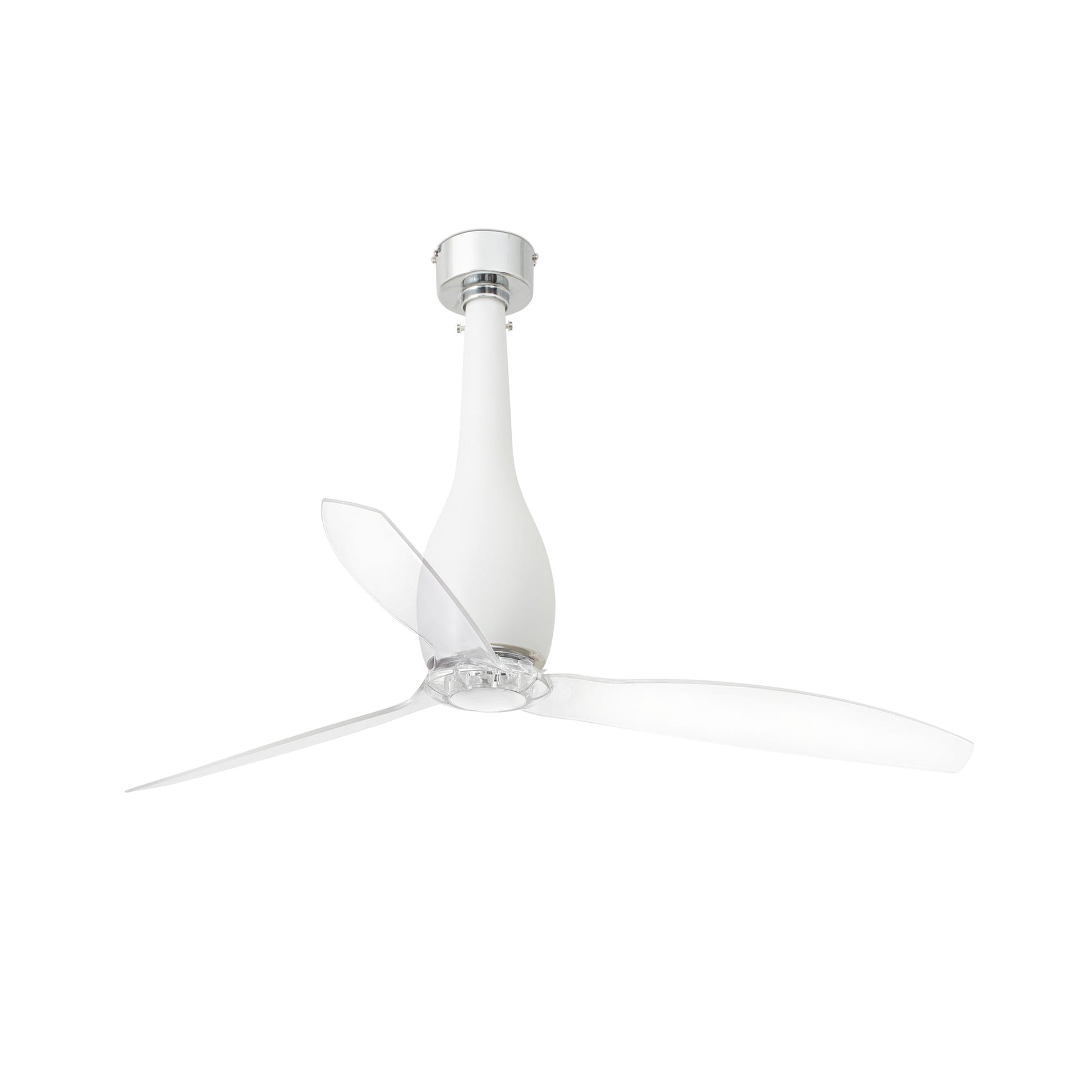 Ventilador de techo ETERFAN M blanco mate FARO 32001WW con motor DC, 6 velocidades, control remoto y aspas transparentes, ideal para ventilación sin luz en el hogar durante el verano